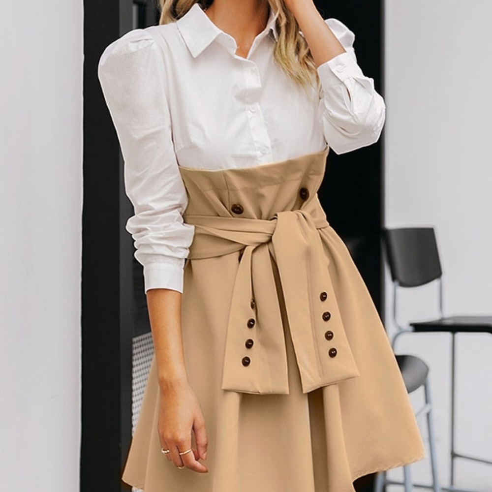 ๐ Tan Color Block Belted Button Front Dress - Picture 4 of 8